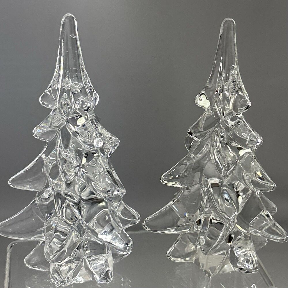 Pair of Vtg Handicraft Lead Crystal Christmas Village Pine Tree 6” Japan Glass